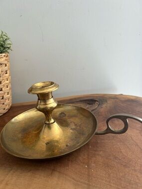 Vintage Brass Chamberstick Candle Holder Finger Loop and Dip Tray